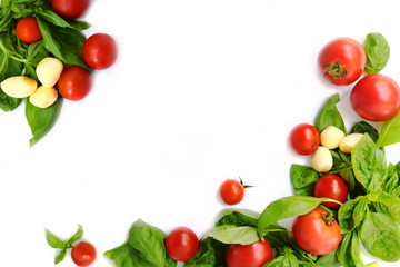  Background, billet from fresh red tomatoes with basil leaves on a white background.