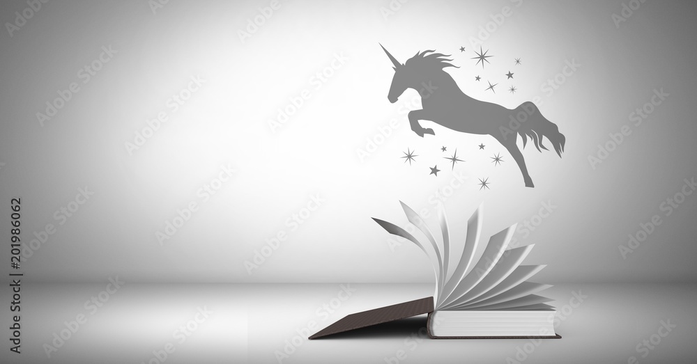 Wall mural unicorn silhouette flying over magical book