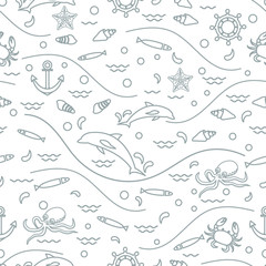 Cute seamless pattern with dolphins, octopus, fish, anchor, helm, waves, seashells, starfish, crab.