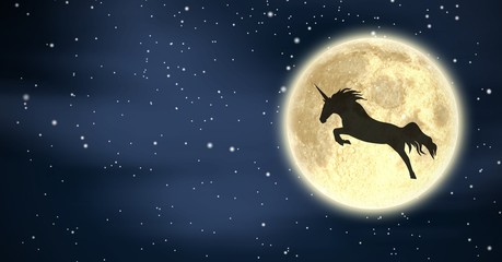 Obraz premium Sylwetka jednorożca lecącego nad księżycem w gwiazdy nocne