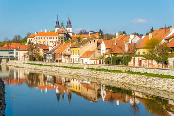 Naklejka na ściany i meble View at the hisorical Jewish quarter with Jihlava river in Trebic - Moravia,Czech republic
