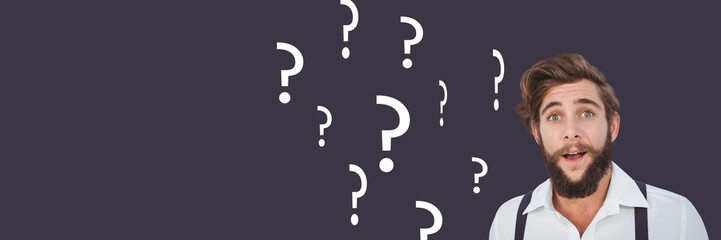 Man thinking with question marks