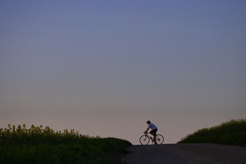 Cyclist on a road. Man with bike on a horizon at hot summer evening. 