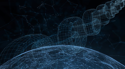 Futuristic blockchain on cryptocurrency cyberspace network illustration background.