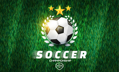 Soccer Ball. Football Game Label on Green Grass Field with Line Texture.