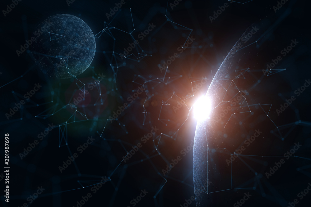 Aufkleber artistic network connections in the universe. sphere with sunlight reflection copy space illustratio