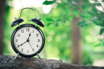 Black alarm clock on nature background with copy space