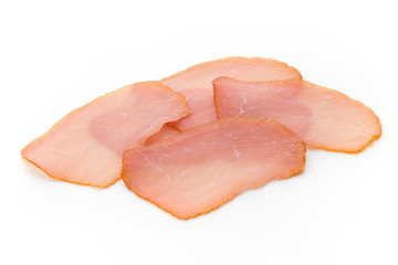Sliced boiled ham sausage isolated on white background, top view.