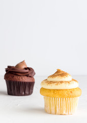 Vanilla cup cake with milk tart and cinnamon topping in front with chocolate cupcake blurred in...
