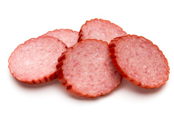 Slices of salami. Isolated on a white background.