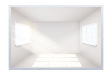 Fototapeta premium Example of an empty room with white walls and a windows on the side. Simple interior without furnish and furniture. Sunlight falls from the window to the floor. Imitation of three-dimensional space.