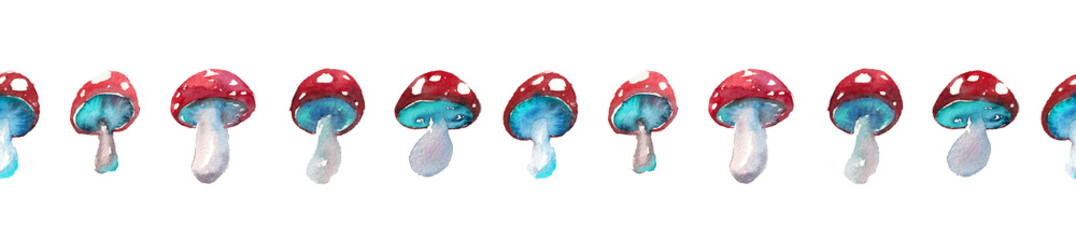 Watercolor hand drawn sketch illustration seamless boarder with set of amanita mushrooms with lettering isolated on white