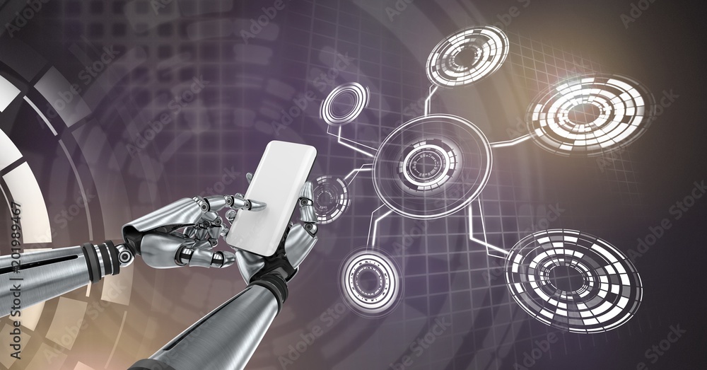 Poster robotic android hand using phone device and glowing circle