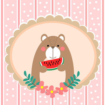 Cute bear hold watermelon background for greeting card theme.