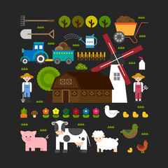 farm land animal and farmer character vector flat design illustration set