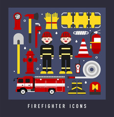 firefighter character and object icons vector flat design illustration set 