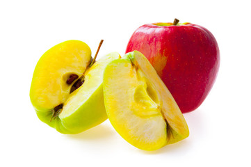 Red and green apples fruit on white background