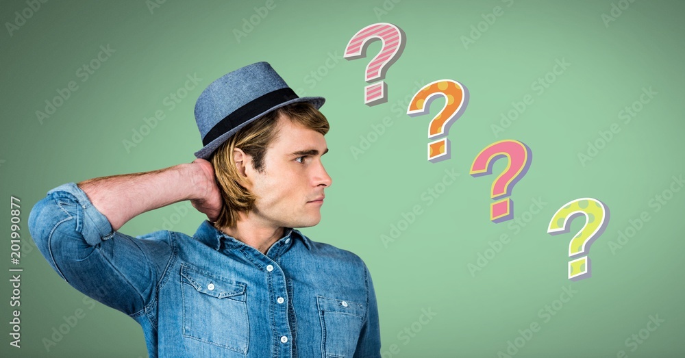 Poster man thinking with colorful funky question marks