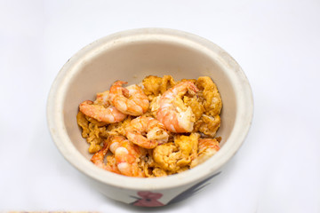 Top view of puff shrimp with egg isolated white, clean food concept, easy food  