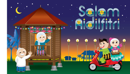 A couple is just arrive their home town, ready to celebrate Raya festival with their parents. With village scene. The words 