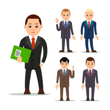 Business man. Set of manager character in various poses. Boss in suit, shirt and tie. Set cartoon illustration isolated on white background in flat style
