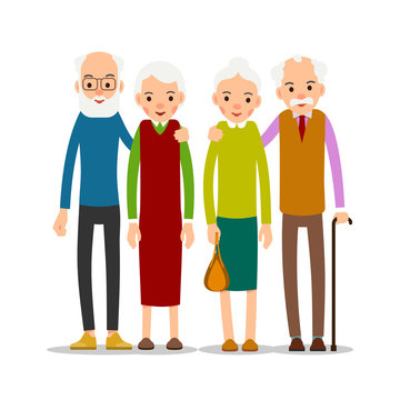 Couple older people. Two aged people stand. Elderly man and woman stand together and hug each other. Illustration isolated on white background in flat style