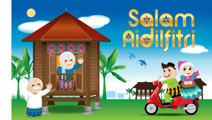 A couple is just arrive their home town, ready to celebrate Raya festival with their parents. With village scene. The words 