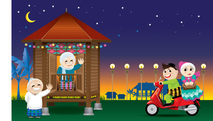 A couple is just arrive their home town, ready to celebrate Raya festival with their parents. With village scene.