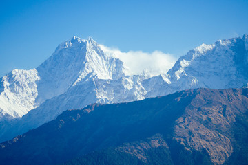 beautiful view of the landscape of the Himalayan mountains. Snow-covered mountain peaks. trekking concept in the mountains