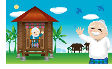 Muslim old man and woman waiting their family member home, to celebrate Raya festival together.