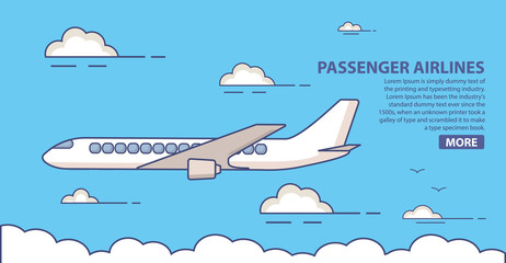 Passenger airlines. Jet plane  blue sky civil aviation airliner.Commercial airliner travel.Poster flat line art vector.