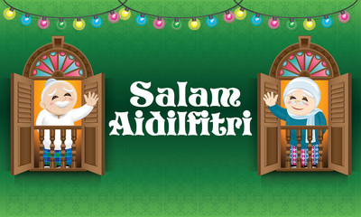 Muslim boy and girl, old man and woman standing on a Malay style window, celebrating Raya festival. The words 