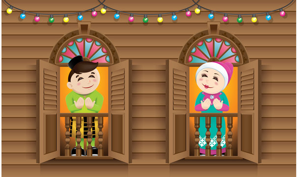 Muslim Boy And Girl, Old Man And Woman Standing On A Malay Style Window, Celebrating Raya Festival. 