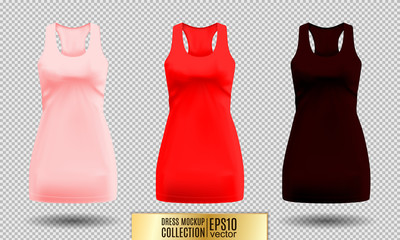 Realistic detailed 3d women dress mock up. Pink, red and dark vinous set isolated on Background sport summer clothing. Vector illustration