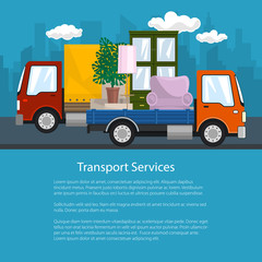 Flyer of Road Transport and Logistics, Small Covered Truck and Lorry with Furniture go on the Road, Shipping and Freight of Goods, Poster Brochure Design, Vector Illustration