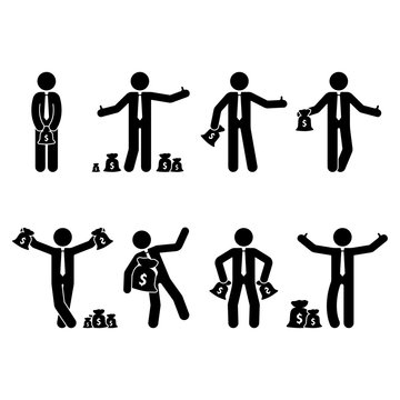 Stick figure rich businessman set. Vector illustration of happy person holding money bag on white