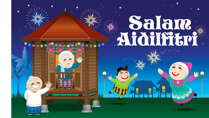 A boy and a girl is playing with fireworks during their Raya festival celebration. With village scene. The words 