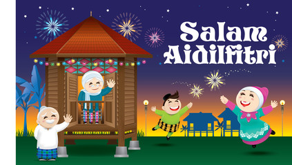 A boy and a girl is playing with fireworks during their Raya festival celebration. With village scene. The words 