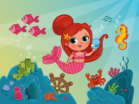 Vector Illustration of Little Mermaid Under the Sea. 