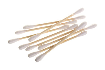 Cotton ear stick isolated on white background macro top view. Flat lay