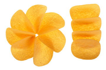 potato chips on white background close-up. Top view. Flat lay