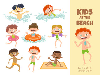 Collection of kids playing at the beach. Cartoon characters isolated on white. Funny boys and girls swimming, running, jumping, sunbathing and eating an ice cream. Set 2 of 4.