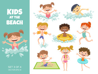 Collection of kids playing at the beach. Cartoon characters isolated on white. Funny boys and girls swimming, running, jumping, sunbathing and eating an ice cream. Set 3 of 4.