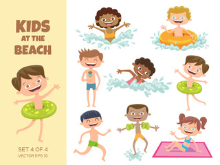 Collection of kids playing at the beach. Cartoon characters isolated on white. Funny boys and girls swimming, running, jumping, sunbathing and eating an ice cream. Set 4 of 4.