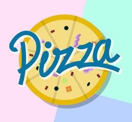 Pizza sign or logo template. Modern memphis geometric isolated on white background line art style illustration.