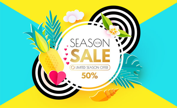 Summer Sale Layout Design Template. Paper Art. Season Offer Banner withCircle Banner, Starfish, Pineapple, Shell, Palm and Monstera Leaves, Heart and Decorative Circles on Colorful Background.