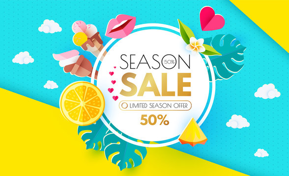 Summer Sale Layout Design Template. Paper Art. Season Offer Banner with Circle Banner, Citrus, Plumeria, Icecream, Lips, Clouds, Pineapple Peace and Monstera Leaves on Colorful Bright Background.