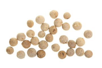 white peppercorns in isolated white background. Top view. Flat lay. Close up