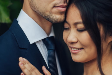 Sensual married couple, valentines hugging in front of old slavi