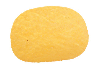 Single potato chip on white background close-up